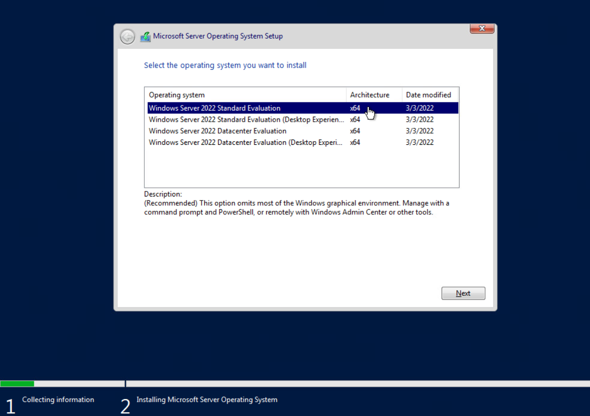 cai dat windows server 2022 lua chon phien ban edition